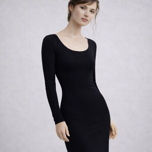 United Colors of Benetton Black Fitted Knit Midi Dress | XS | Long Sleeve